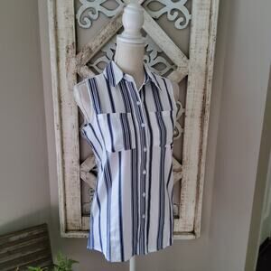 Notations Women's Sleeveless Collar Button Down Pocket Blouse Tank Top Stripe